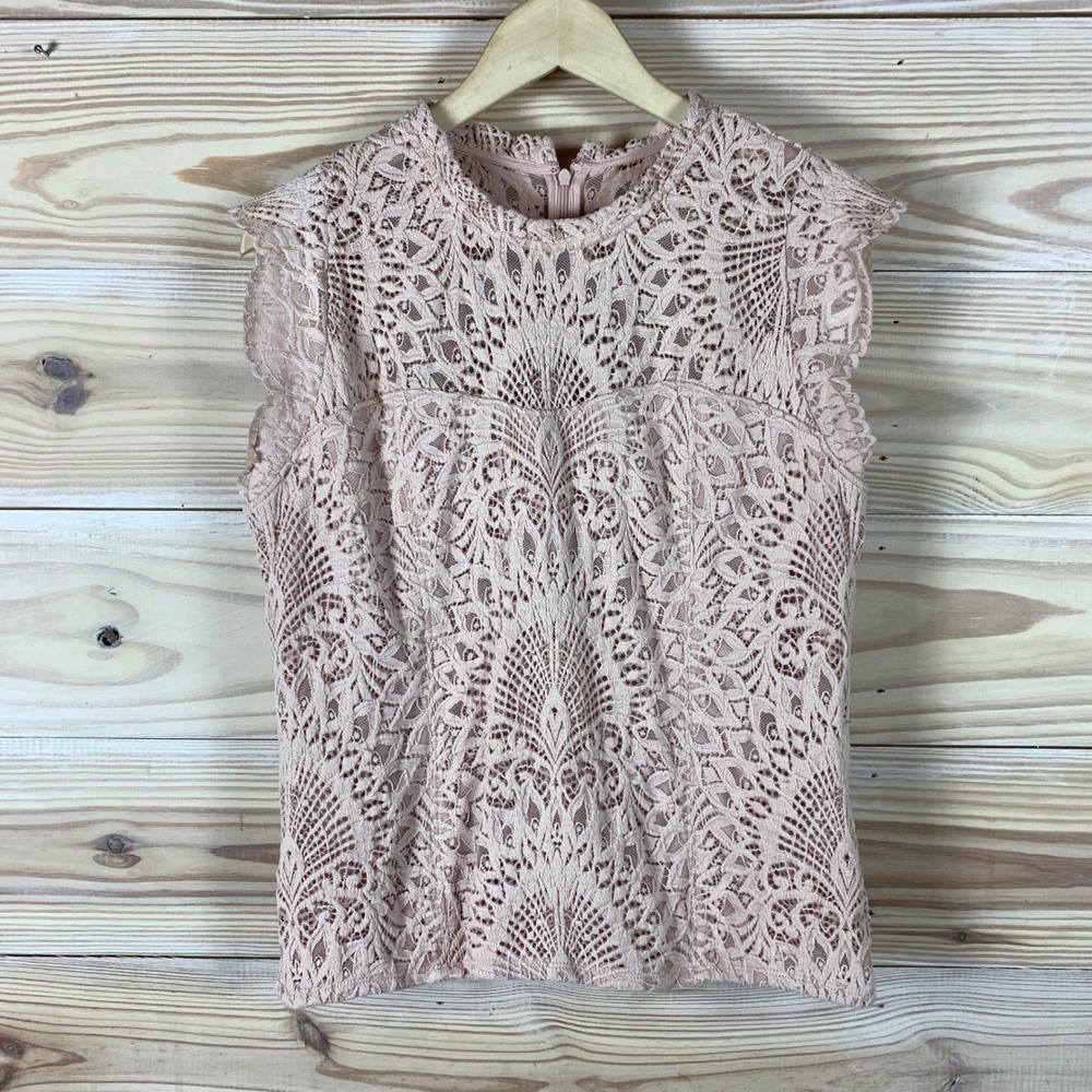 White House Black Market Pink Lace Cap-Sleeve Blouse